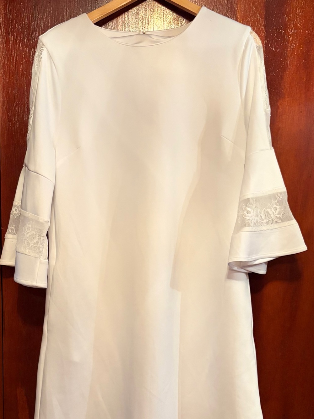 New York & Company White Lace-Panel Bell Sleeve Dress